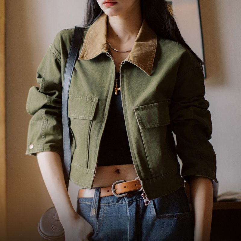 巴恩風撞色帆布獵裝夾克美式工裝外套全棉復古翻領上衣春季女