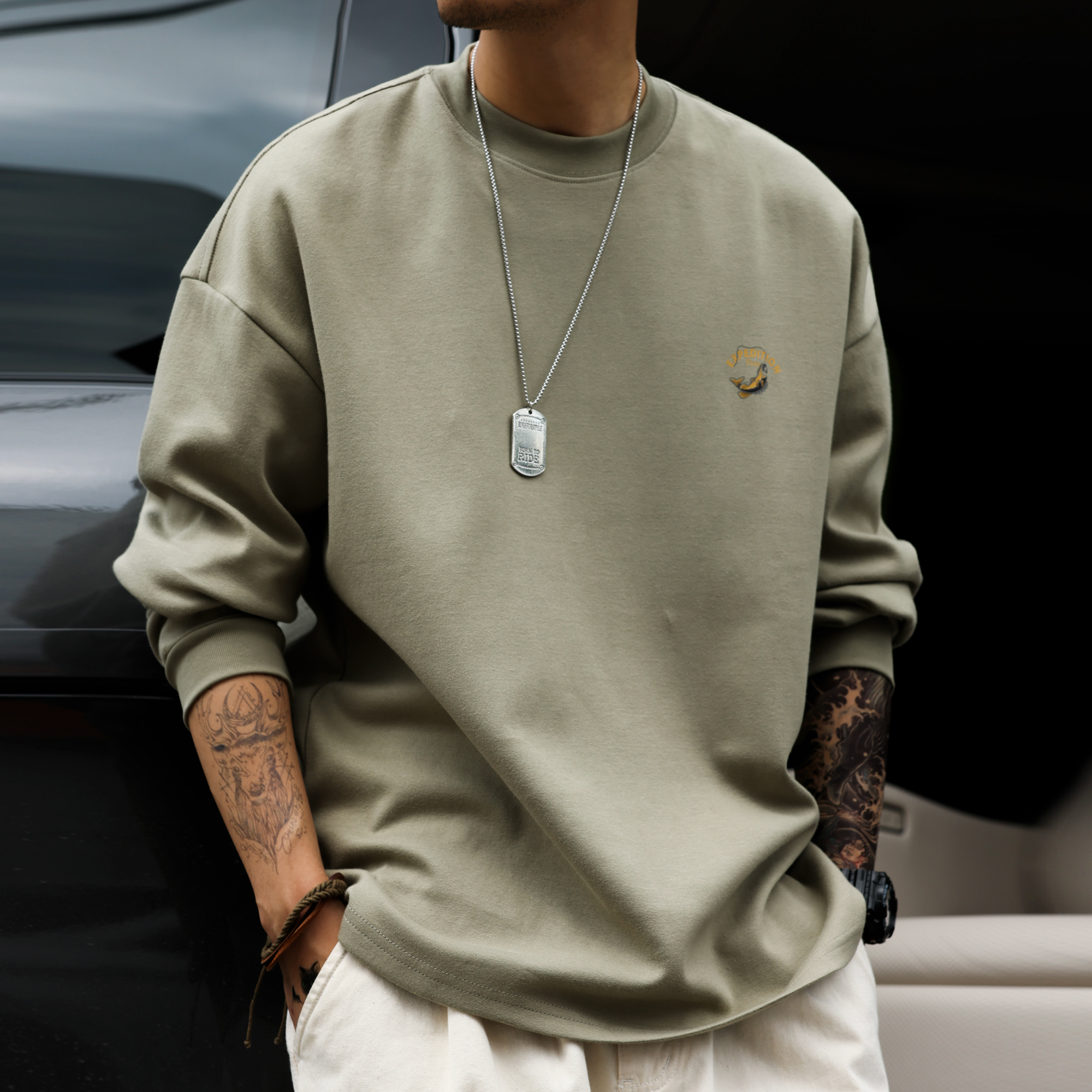 美式復古300g重磅長袖T恤男小領口釣魚印花灰綠色打底衫