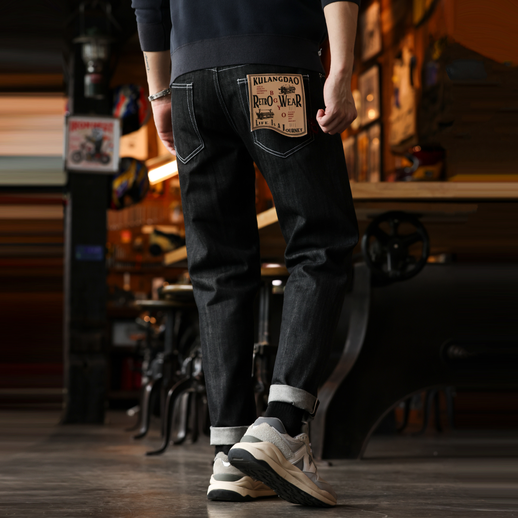 美式復古銀線丹寧赤耳牛仔褲男14oz重磅刺繡直筒長褲子