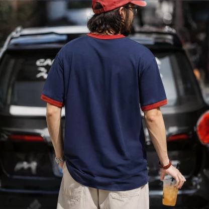夏季新款阿美哢嘰T恤男士棉質歐美機車印花螺紋拼色短袖