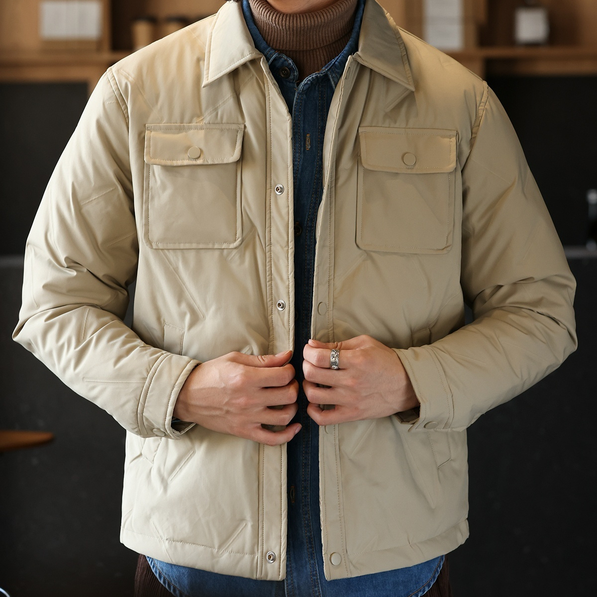 美式休閒輕薄款襯衫領羽絨服男90白鴨絨保暖工裝夾克外套