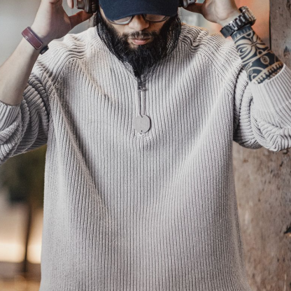美式復古半拉鍊立領毛衣套頭打底高領針織衫上衣男秋冬-Retro's Wear