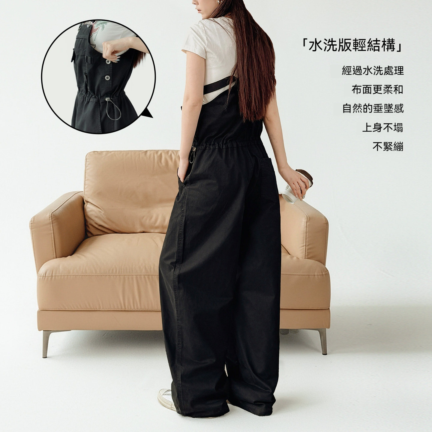 美式黑色闊腿直筒工裝連體背帶褲顯瘦收腰純棉吊帶褲子女士春