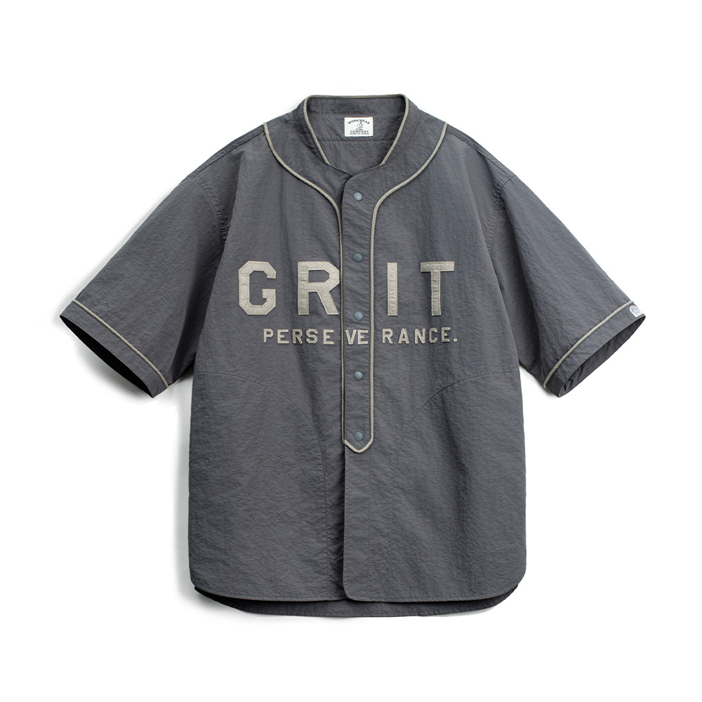 美式休閒GRIT棒球服貼布繡襯衫日系灰色薄款襯衣男春夏