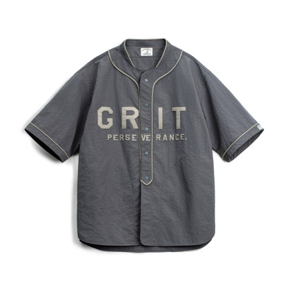 美式休閒GRIT棒球服貼布繡襯衫日系灰色薄款襯衣男春夏