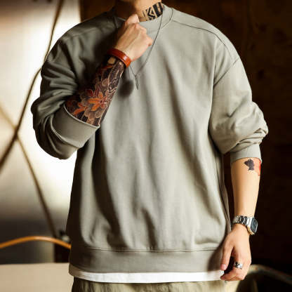 日系復古阿爾曼重磅衛衣男寬鬆圓領390g螺紋拼接淨版上衣秋-Retro's Wear