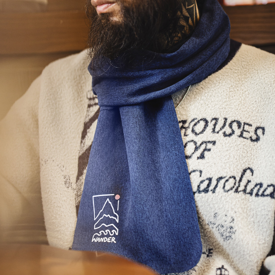 美式山影藍色印花圍巾保暖長圍脖披肩百搭薄款男士秋冬季