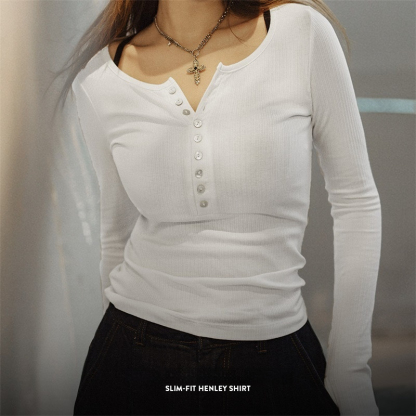 美式亨利衫針織打底衫修身內搭長袖T恤上衣2024秋季新款女-Retro's Wear