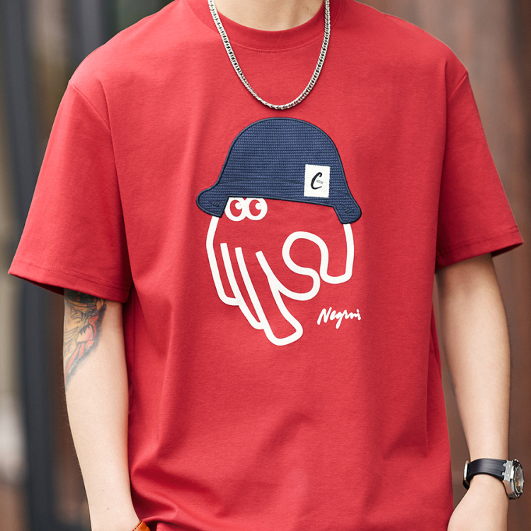 日系復古黑科技立體印花短袖T恤男士夏季寬鬆休閒圓領上衣