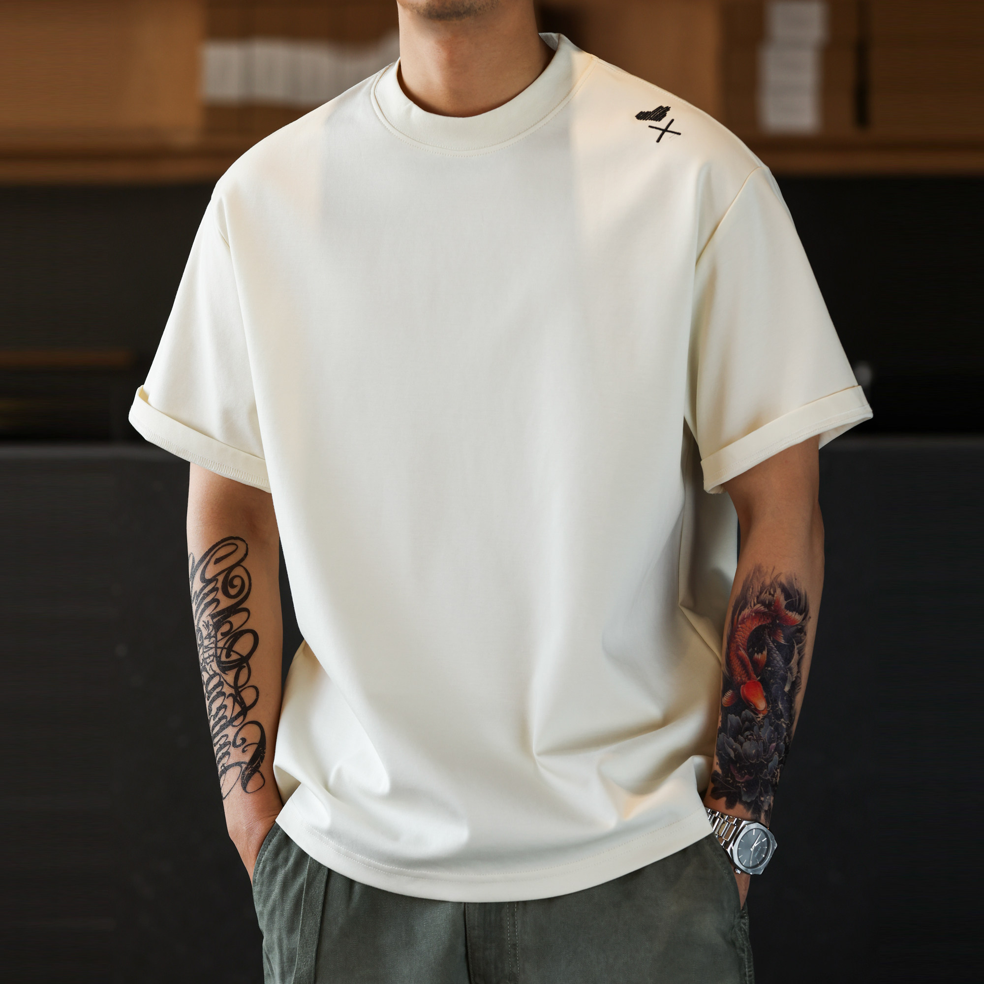 美式休閒愛心刺繡短袖T恤男寬鬆落肩袖簡約圓領打底TEE