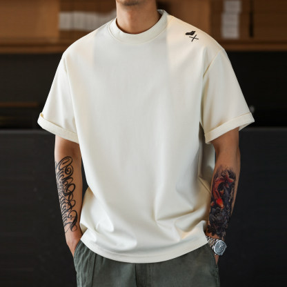 美式休閒愛心刺繡短袖T恤男寬鬆落肩袖簡約圓領打底TEE