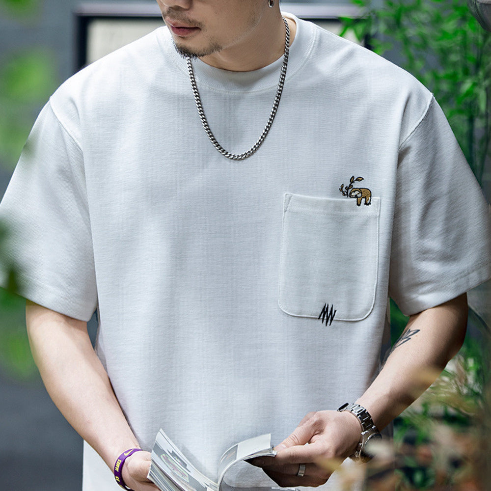260g米格短袖t恤男夏季新款潮牌小樹懶刺繡口袋寬鬆休閒半袖T恤