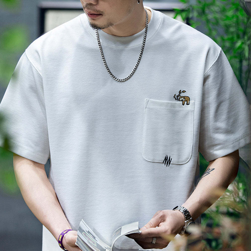 260g米格短袖t恤男夏季新款潮牌小樹懶刺繡口袋寬鬆休閒半袖T恤