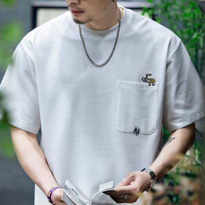 260g米格短袖t恤男夏季新款潮牌小樹懶刺繡口袋寬鬆休閒半袖T恤