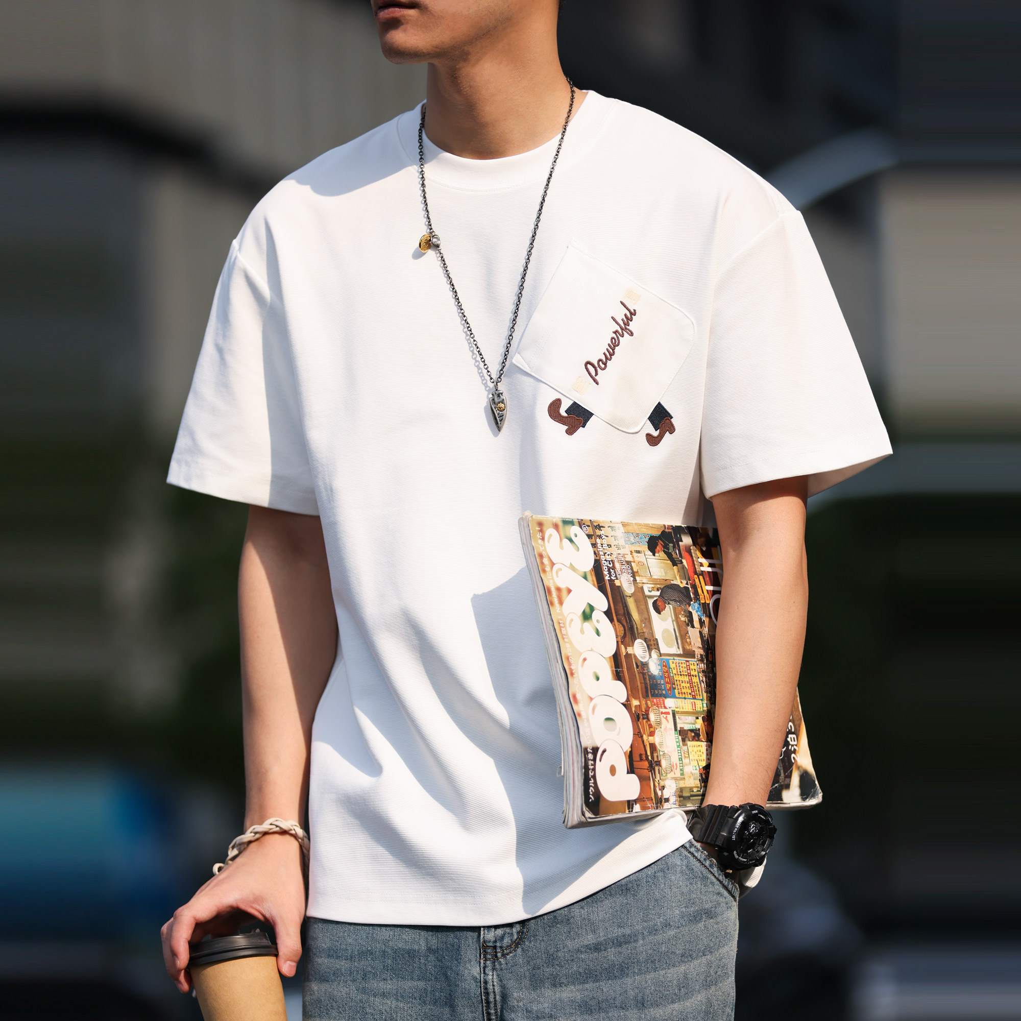 美式休閒220g雲梯紋理短袖T恤男寬鬆刺繡口袋設計TEE春