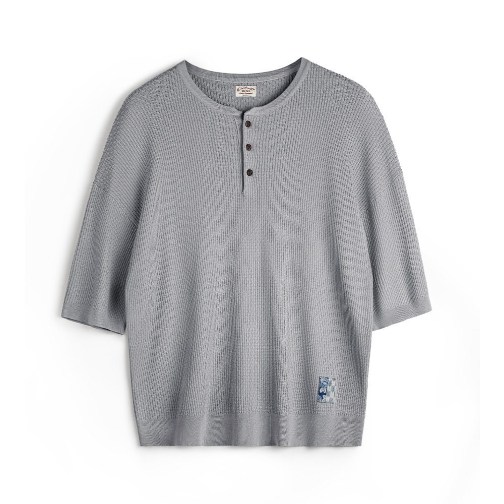 美式竹節紋亨利衫短袖老錢垂感針織灰色寬鬆半袖T恤男夏