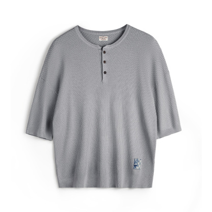 美式竹節紋亨利衫短袖老錢垂感針織灰色寬鬆半袖T恤男夏