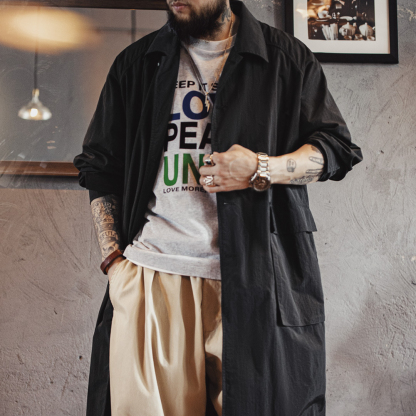 美式黑色巴爾瑪肯風衣翻領中長款日系通勤大衣外套男秋