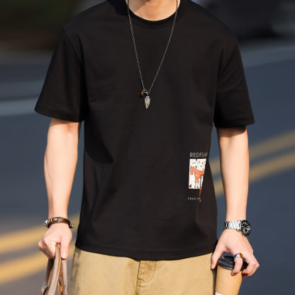 馬年定番趣味印花圓領T恤男美式休閒微寬凉感短袖打底衫
