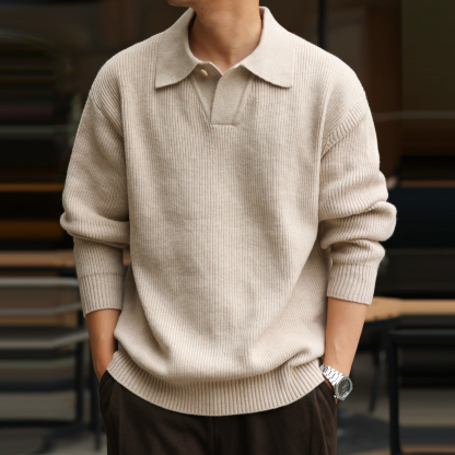 美式復古單粒扣polo領針織衫男660g粗針慵懶風毛衣外套