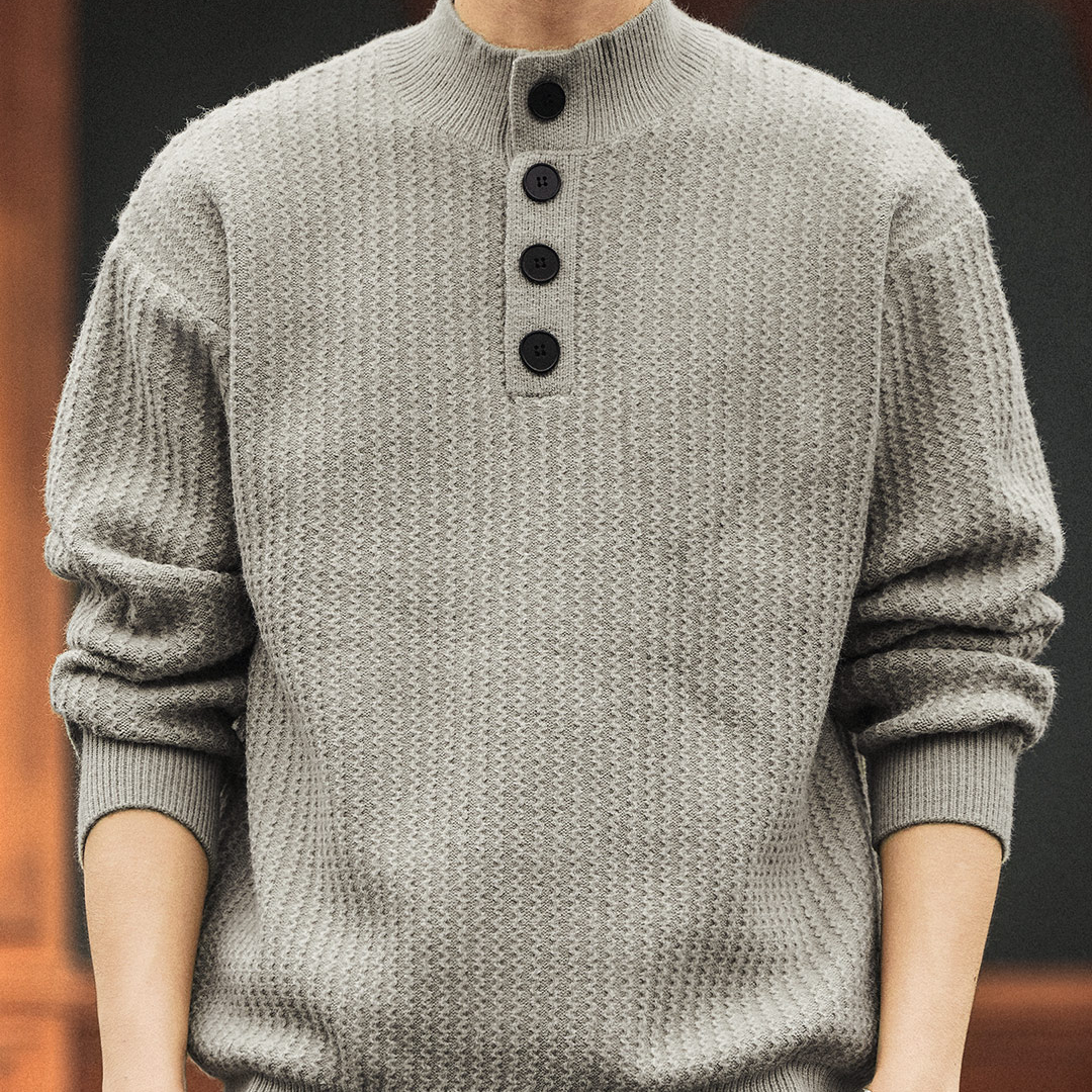 新中式半高領豎紋提花肌理感針織衫男士秋冬款加厚重磅毛衣