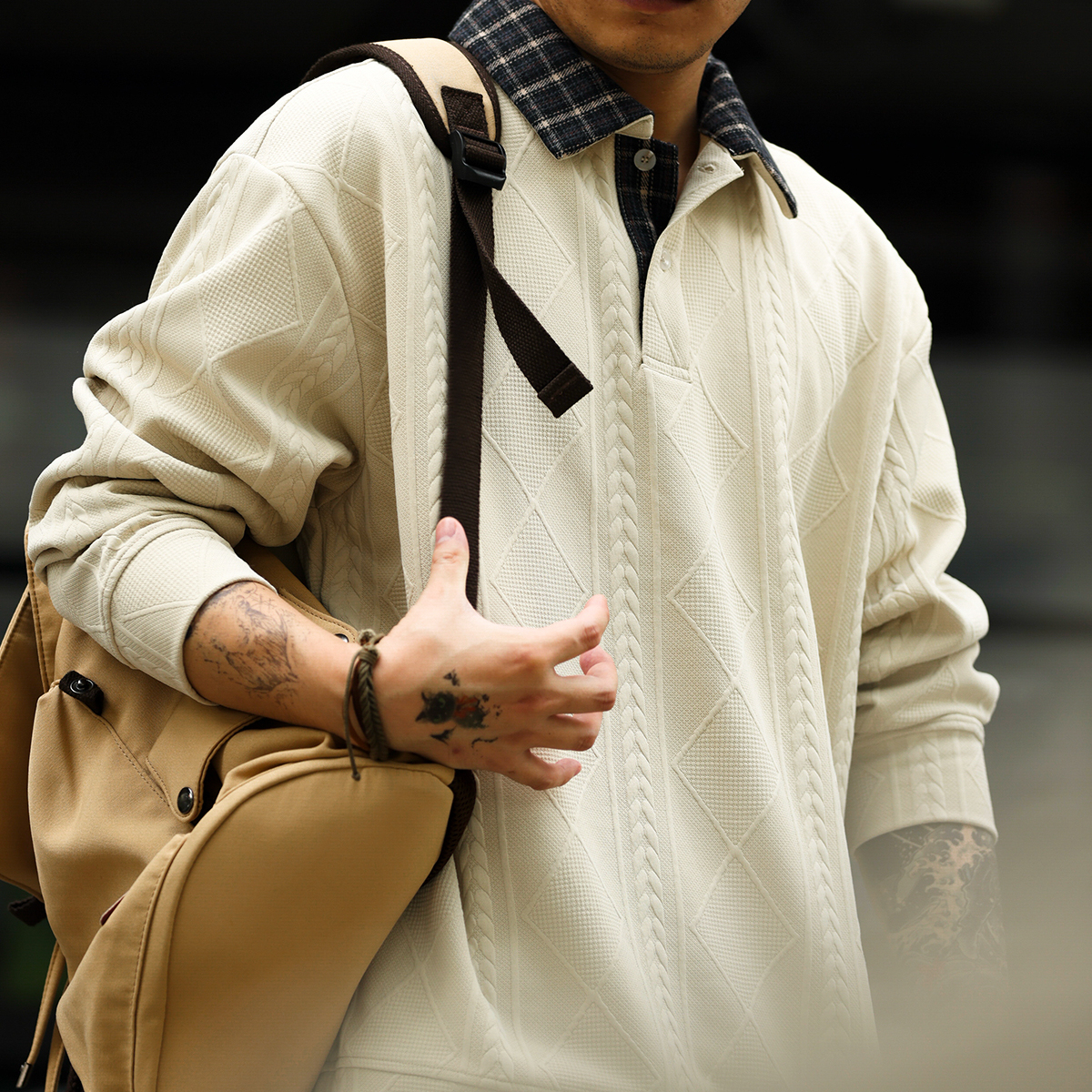 美式休閒針織提花肌理感衛衣男撞色格子翻領長袖POLO衫