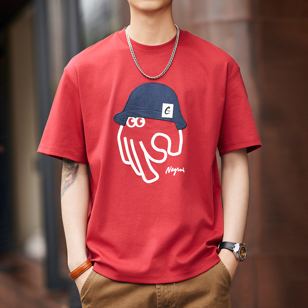 日系復古黑科技立體印花短袖T恤男士夏季寬鬆休閒圓領上衣