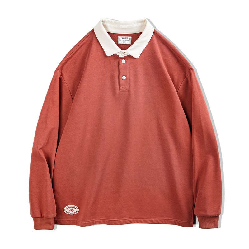 美式復古針織撞色polo衛衣學院風寬鬆翻領長袖T恤男春秋-Retro's Wear