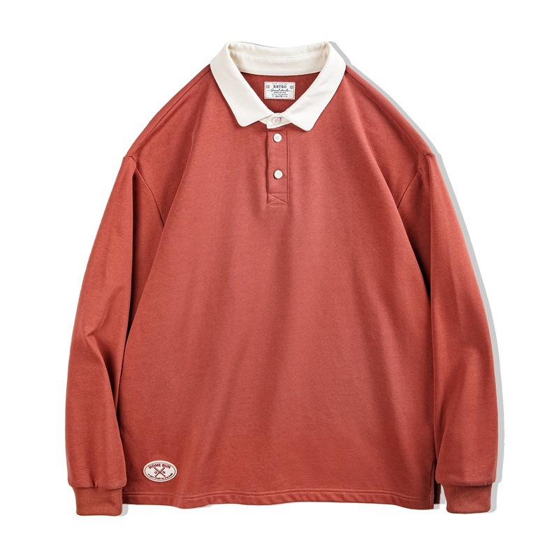 美式復古針織撞色polo衛衣學院風寬鬆翻領長袖T恤男春秋-Retro's Wear