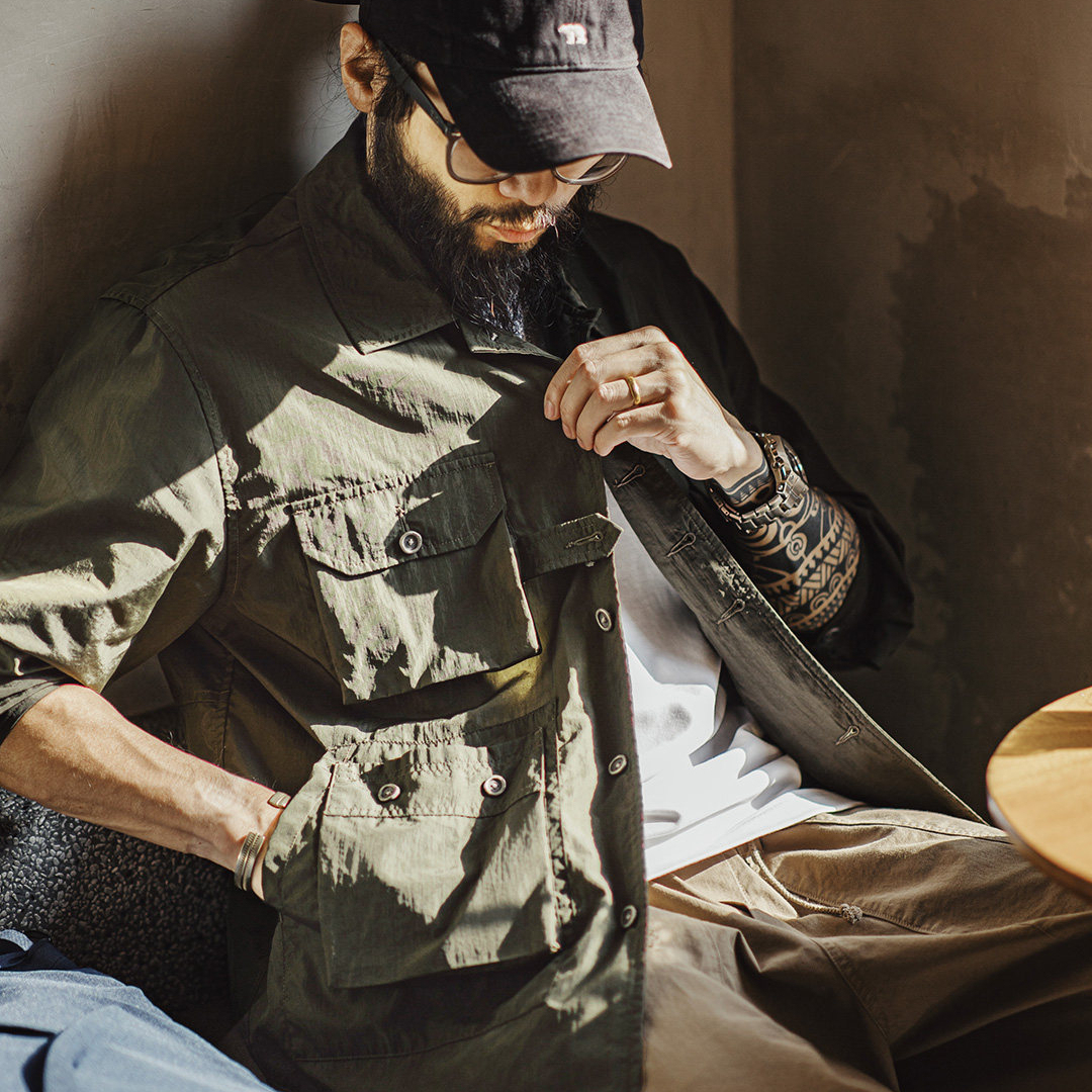 美式復古獵裝襯衫薄款梭織多口袋軍綠色長袖襯衫外套男春