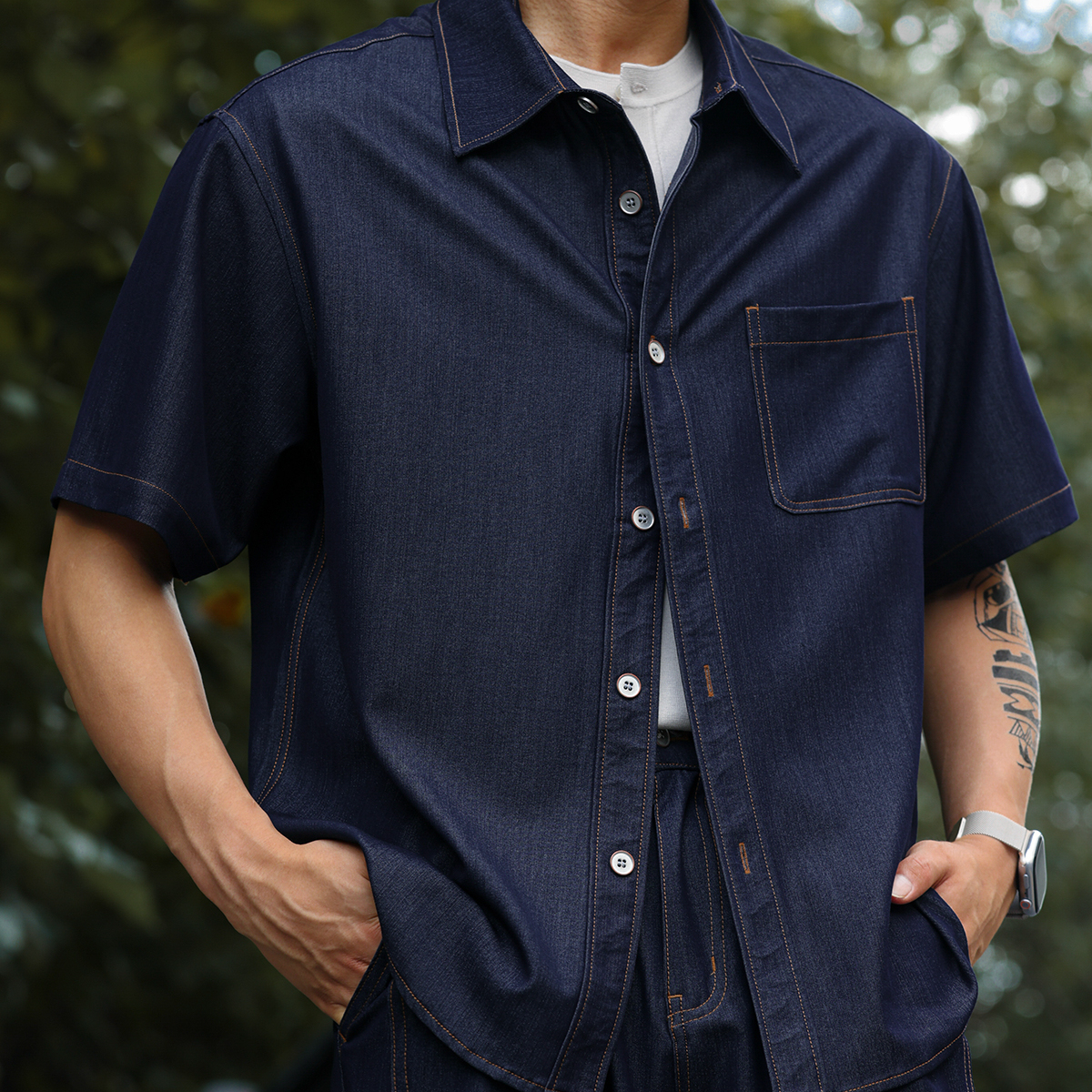 美式復古丹寧牛仔短褲男抗皺易打理冰氧休閒薄款五分褲