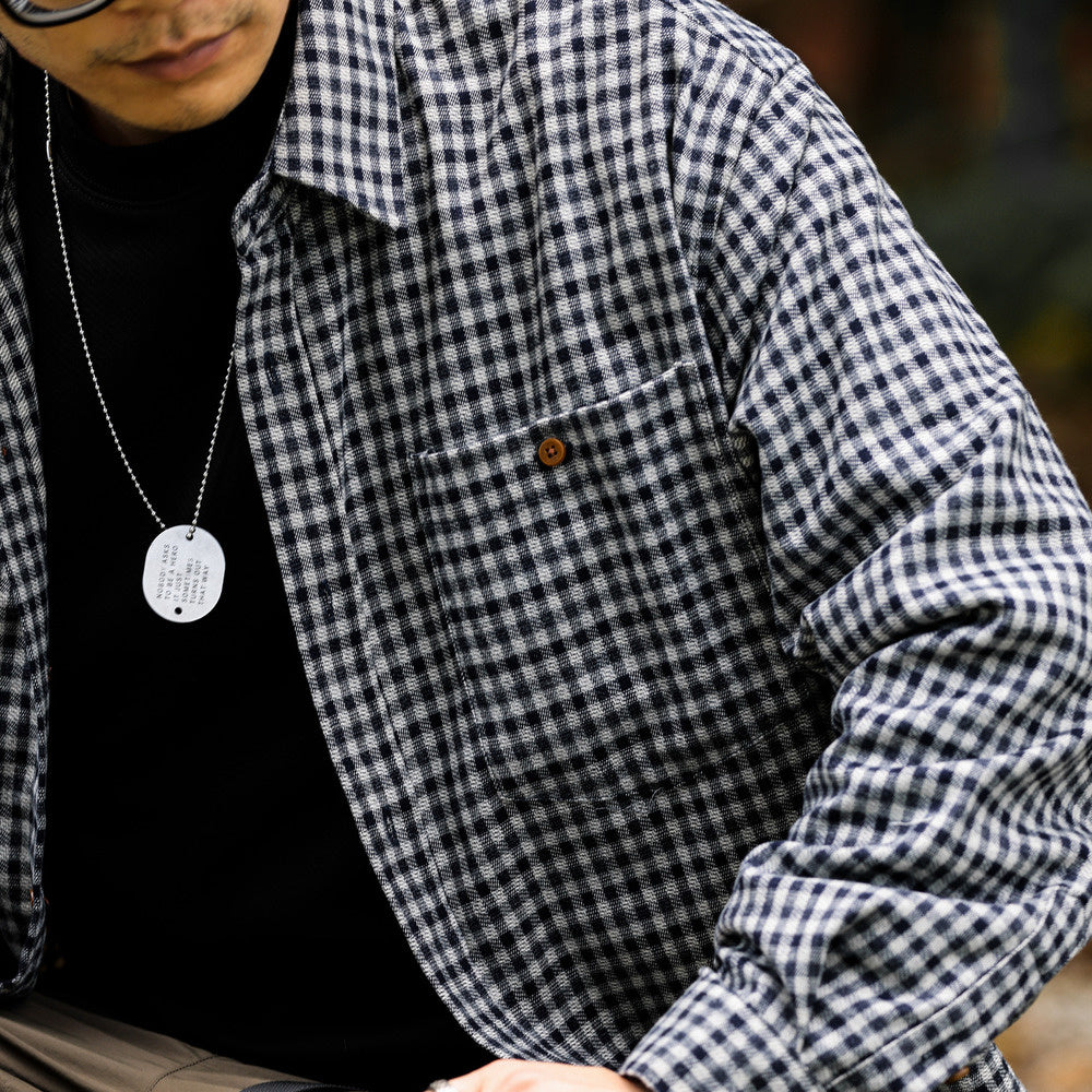 法式復古磨毛小格子長袖襯衫男寬鬆休閒口袋高級感襯衣外套-Retro's Wear