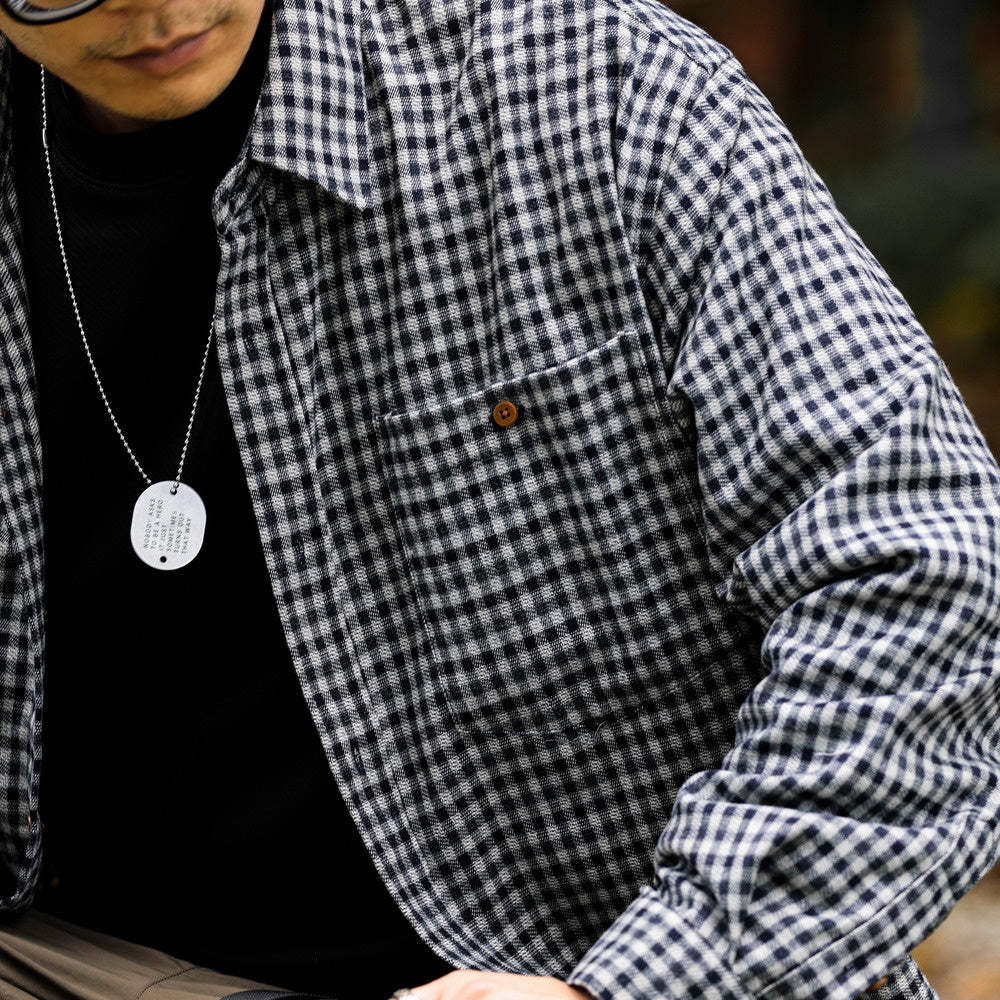 法式復古磨毛小格子長袖襯衫男寬鬆休閒口袋高級感襯衣外套-Retro's Wear