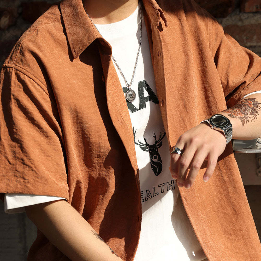 夏日橙色休閒短袖襯衫男美式寬鬆抗皺高級感痞帥疊穿襯衣