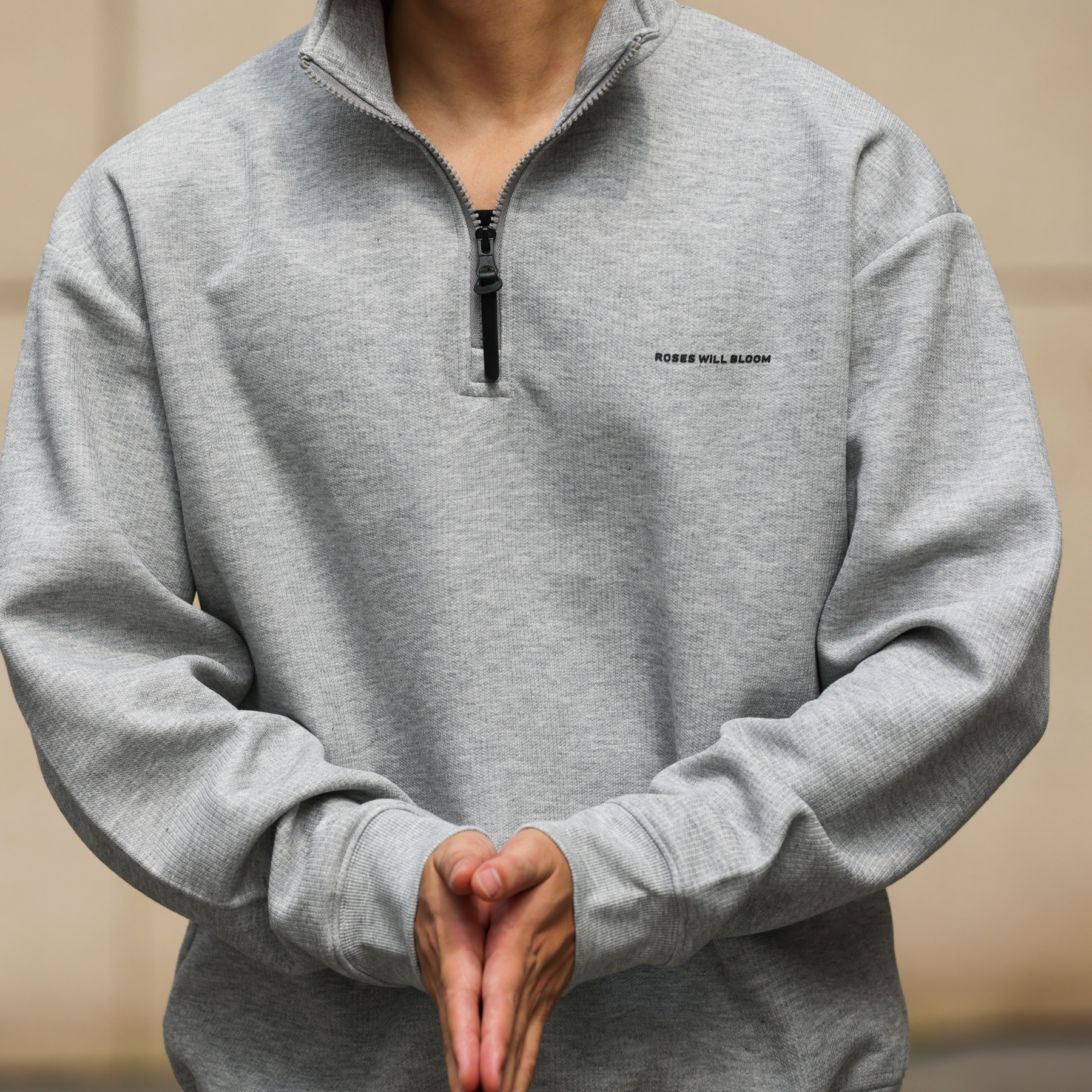 美式休閒半拉鍊立領長袖衛衣男340g針織肌理套頭上衣秋