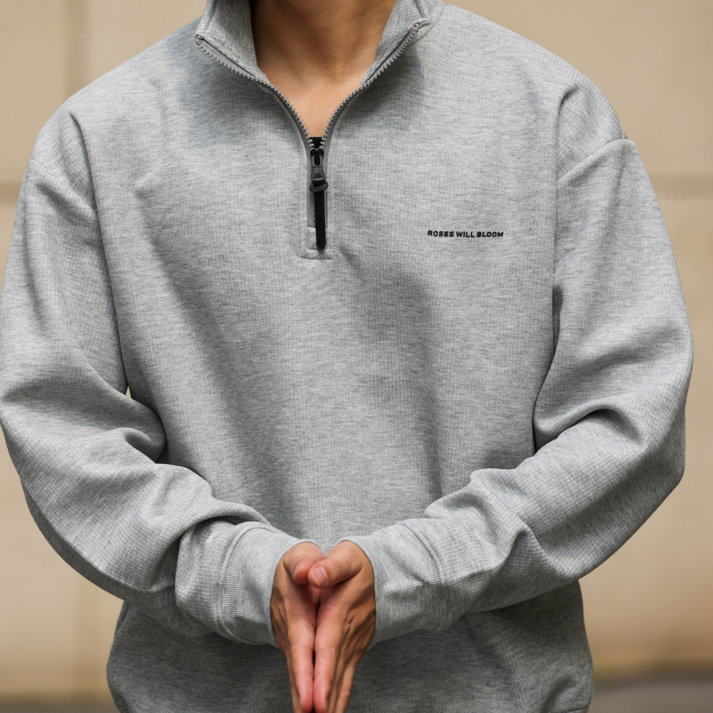 美式休閒半拉鍊立領長袖衛衣男340g針織肌理套頭上衣秋