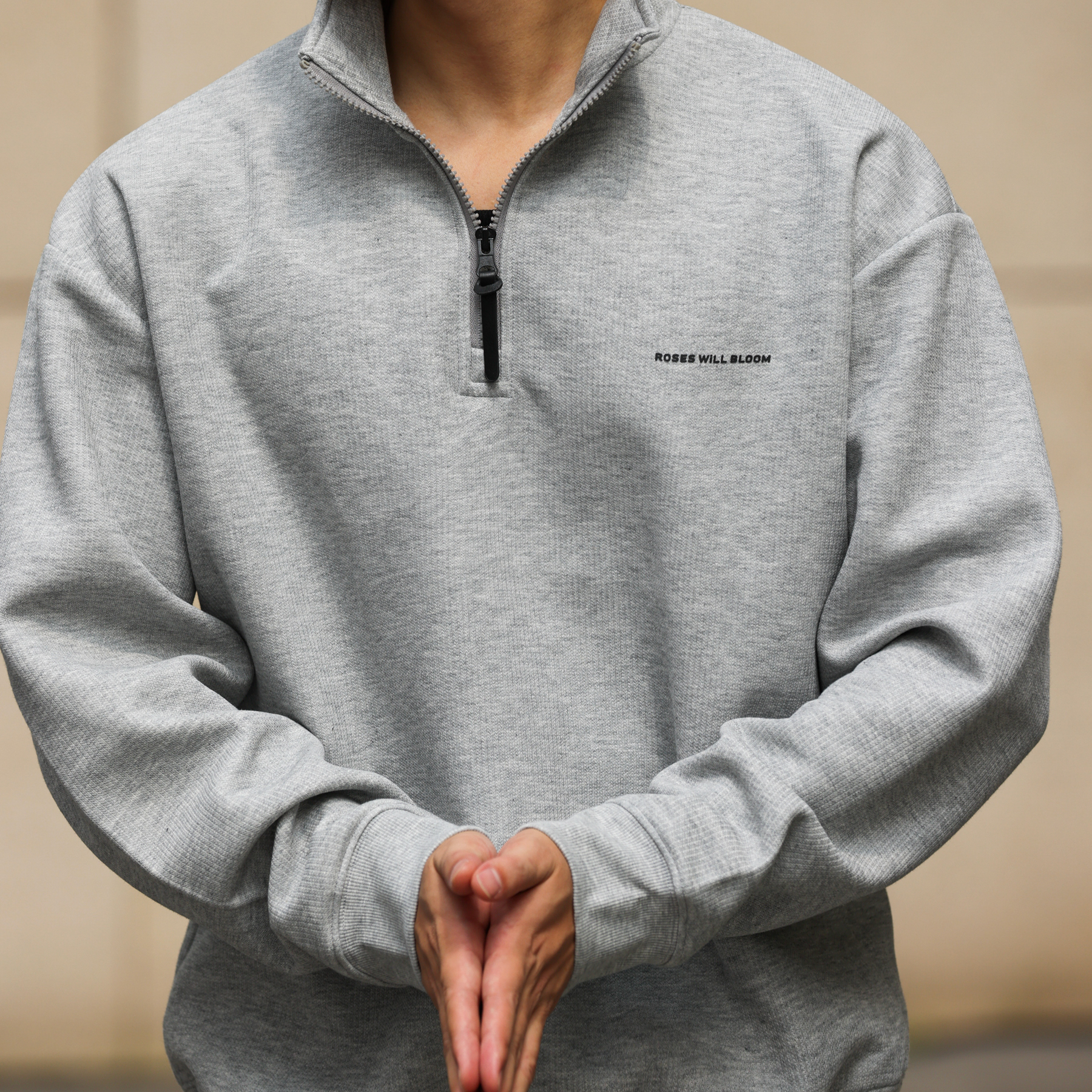 美式休閒半拉鍊立領長袖衛衣男340g針織肌理套頭上衣秋