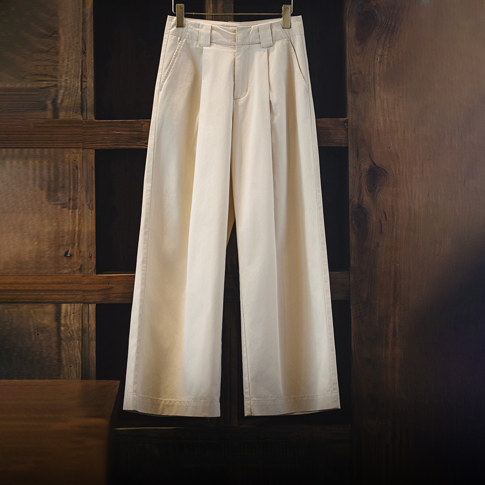 復古Vintage打褶白色闊腿褲日雜風直筒長褲又a又颯闊腿褲夏女