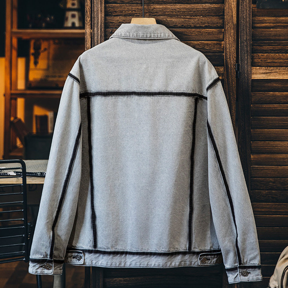 美式水洗描邊牛仔外套男春季2025新款潮牌復古軋染翻領工裝夾克男