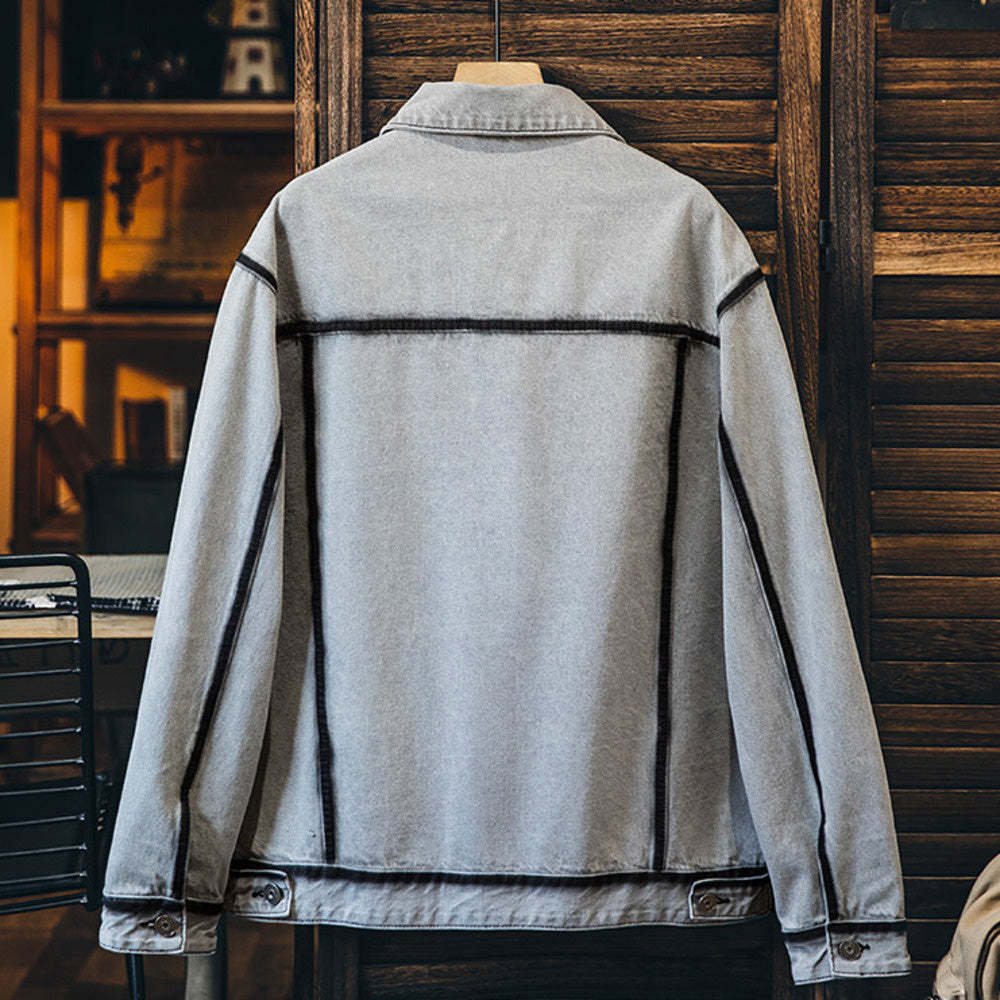 美式水洗描邊牛仔外套男春季2025新款潮牌復古軋染翻領工裝夾克男