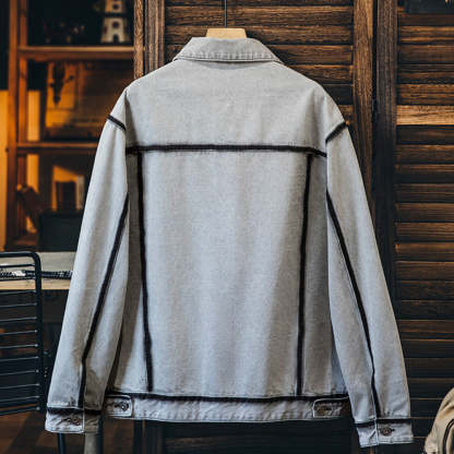 美式水洗描邊牛仔外套男春季2025新款潮牌復古軋染翻領工裝夾克男