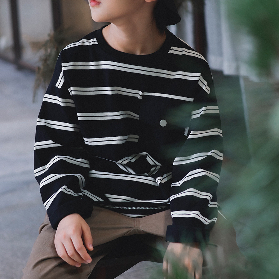 男童T恤2025秋季新款兒童撞色口袋長袖簡約條紋上衣男孩衣服
