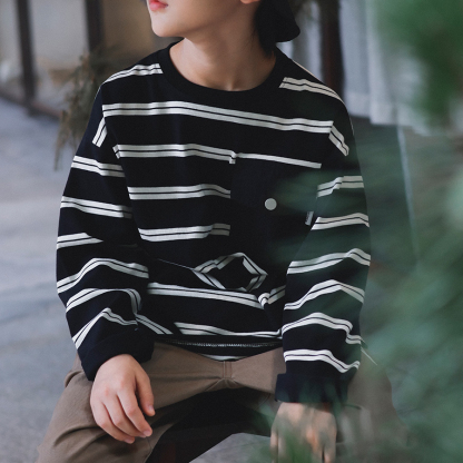 男童T恤2025秋季新款兒童撞色口袋長袖簡約條紋上衣男孩衣服