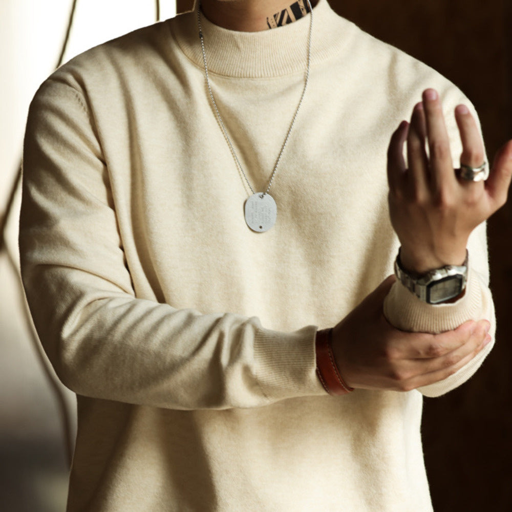 美式休閒半高領毛衣男保暖內搭阿美哢嘰長袖復古針織打底衫-Retro's Wear