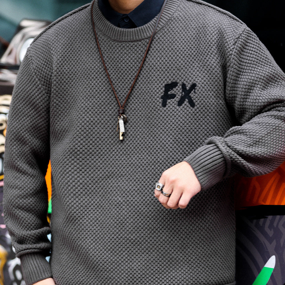 美式復古粗針線重磅毛衣男士圓領寬鬆慵懶風高級感針織衫冬-Retro's Wear