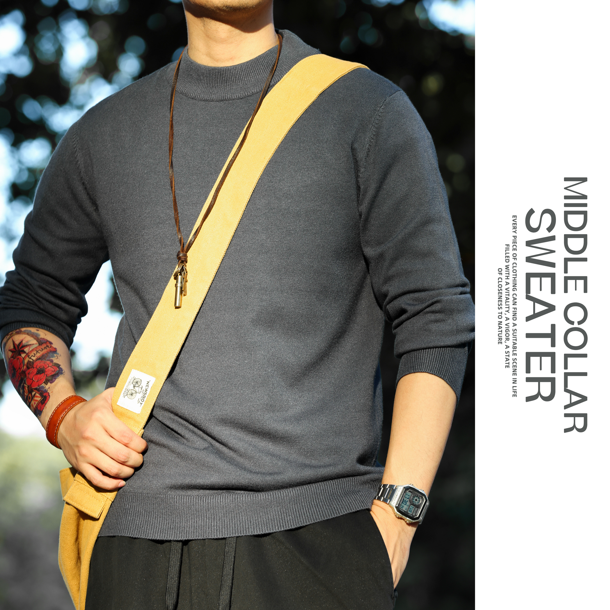 美式休閒自發熱半高領綿羊毛衫男修身保暖打底針織上衣