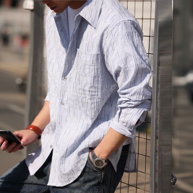 美式休閒褶皺提花紋理襯衫外套男斜後側開衩外搭襯衣春