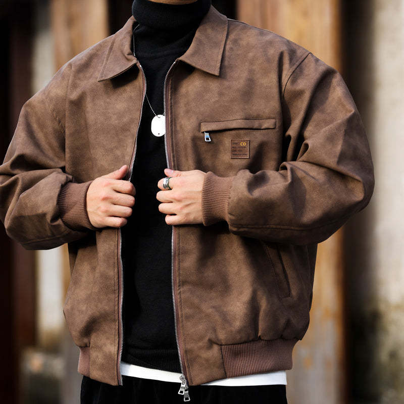 美式復古PU皮夾克男cleanfit寬鬆質感工裝底特律獵裝皮衣外套-Retro's Wear