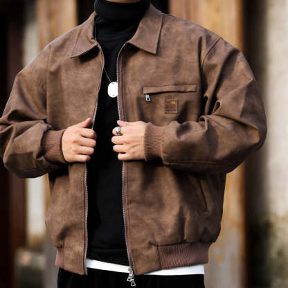 美式復古PU皮夾克男cleanfit寬鬆質感工裝底特律獵裝皮衣外套-Retro's Wear