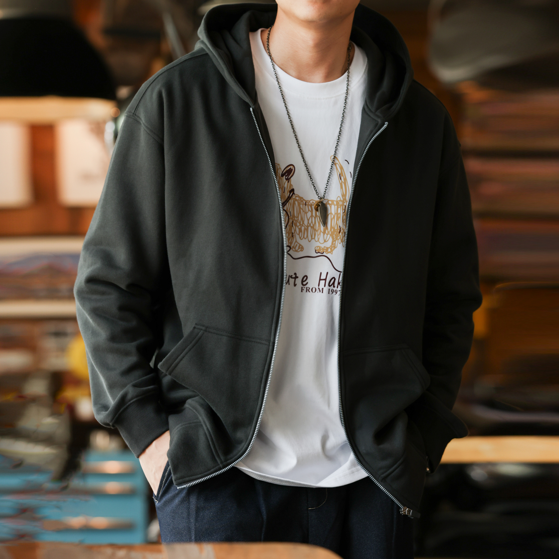 美式復古拉鍊連帽開衫衛衣男350g重磅針織磨毛絨感外套